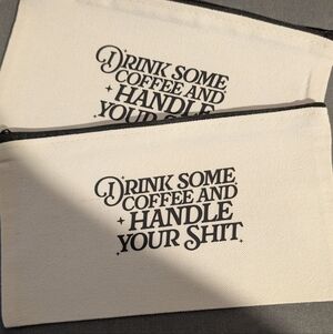 Hand Crafted Cream Cosmetic Bag with Black Text